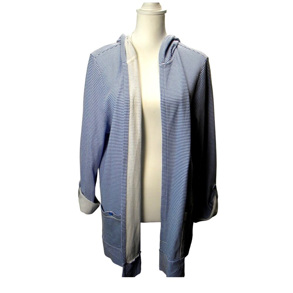 Talbots Women's Blue White Stripe Hooded Long Sleeve Open Jacket 2X‎ Performance